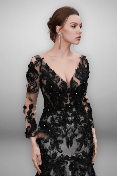 Gothic Black Lace Flower Mermaid Wedding Dress With Illusion Detachable Sleeves - Plus Size - WonderlandByLilian