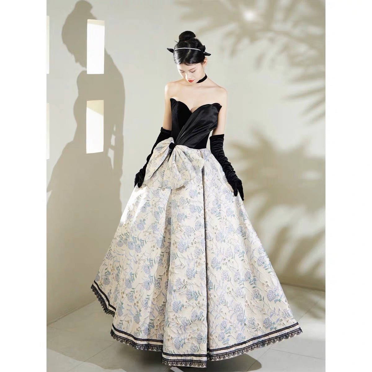 Gothic Black Off Shoulder Velvet And Floral Brocade Ball Gown - Formal Dress Plus Size - WonderlandByLilian