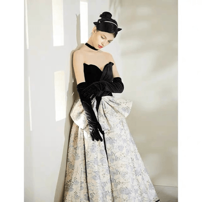 Gothic Black Off Shoulder Velvet And Floral Brocade Ball Gown - Formal Dress Plus Size - WonderlandByLilian