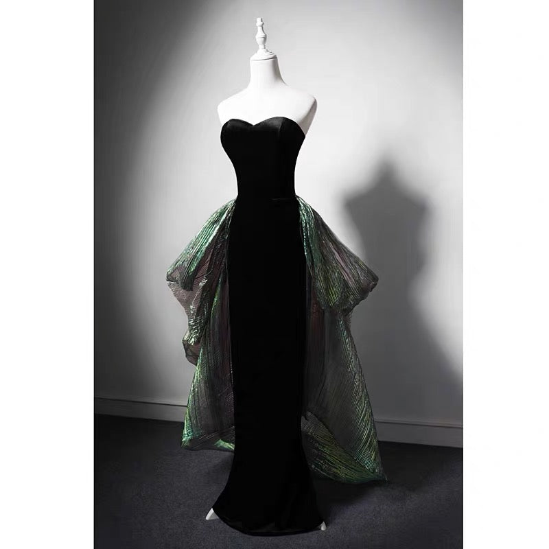 Gothic Black Strapless Evening Gown With Emerald Gauze - Gothic Formal Dress Plus Size - WonderlandByLilian