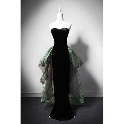 Gothic Black Strapless Evening Gown With Emerald Gauze - Gothic Formal Dress Plus Size - WonderlandByLilian
