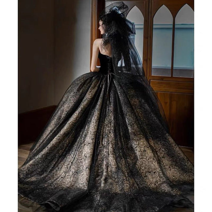 Gothic Black Strapless Wedding Dress With Gold Glitters - Black Evening Dress Ball Gown Plus Size - WonderlandByLilian