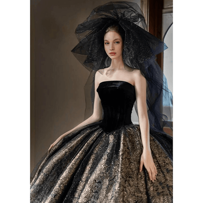 Gothic Black Strapless Wedding Dress With Gold Glitters - Black Evening Dress Ball Gown Plus Size - WonderlandByLilian