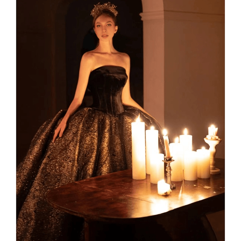 Gothic Black Strapless Wedding Dress With Gold Glitters - Black Evening Dress Ball Gown Plus Size - WonderlandByLilian