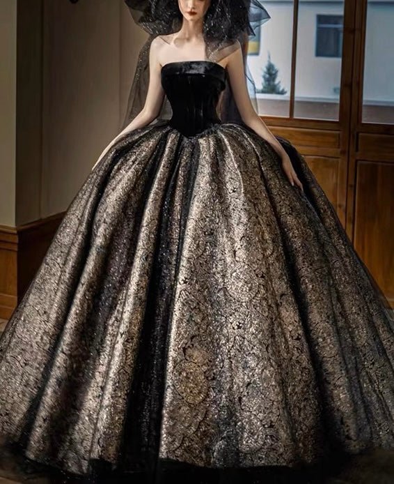Gothic Black Strapless Wedding Dress With Gold Glitters
