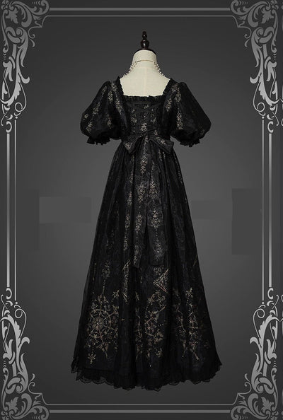 Gothic Bridgerton Empire Waist Black Printed Ball Gown With Ruffle- Regency Era Dress Plus Size - WonderlandByLilian
