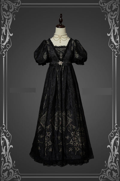 Gothic Bridgerton Empire Waist Black Printed Ball Gown With Ruffle- Regency Era Dress Plus Size - WonderlandByLilian