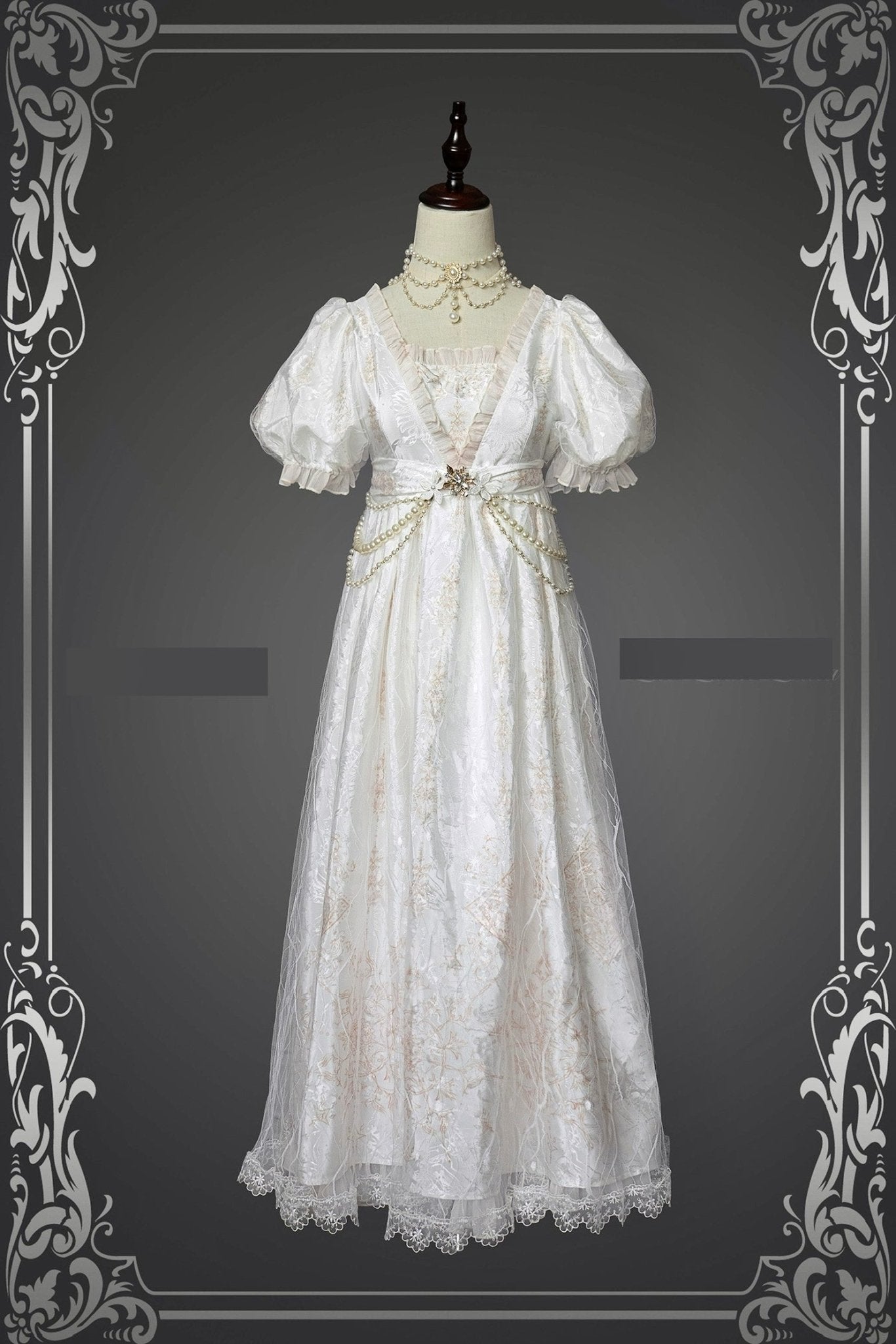 Gothic Bridgerton Empire Waist White Printed Ball Gown With Ruffle- Regency Era Dress Plus Size - WonderlandByLilian