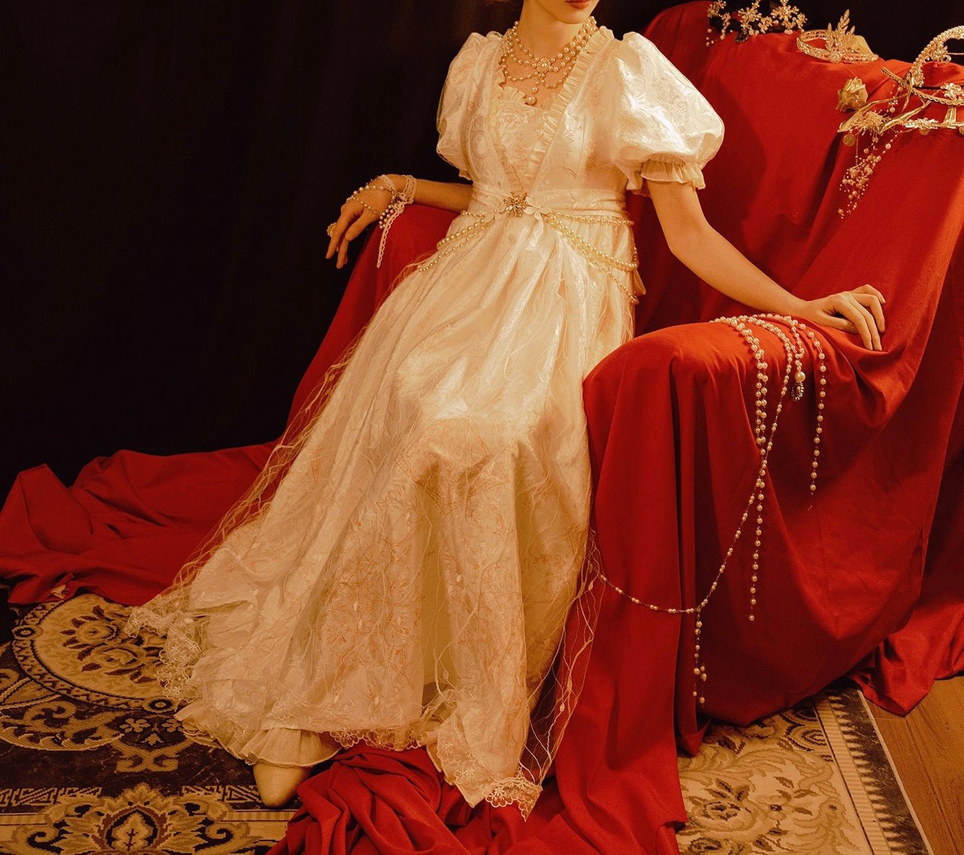 Gothic Bridgerton Empire Waist White Printed Ball Gown With Ruffle- Regency Era Dress Plus Size - WonderlandByLilian