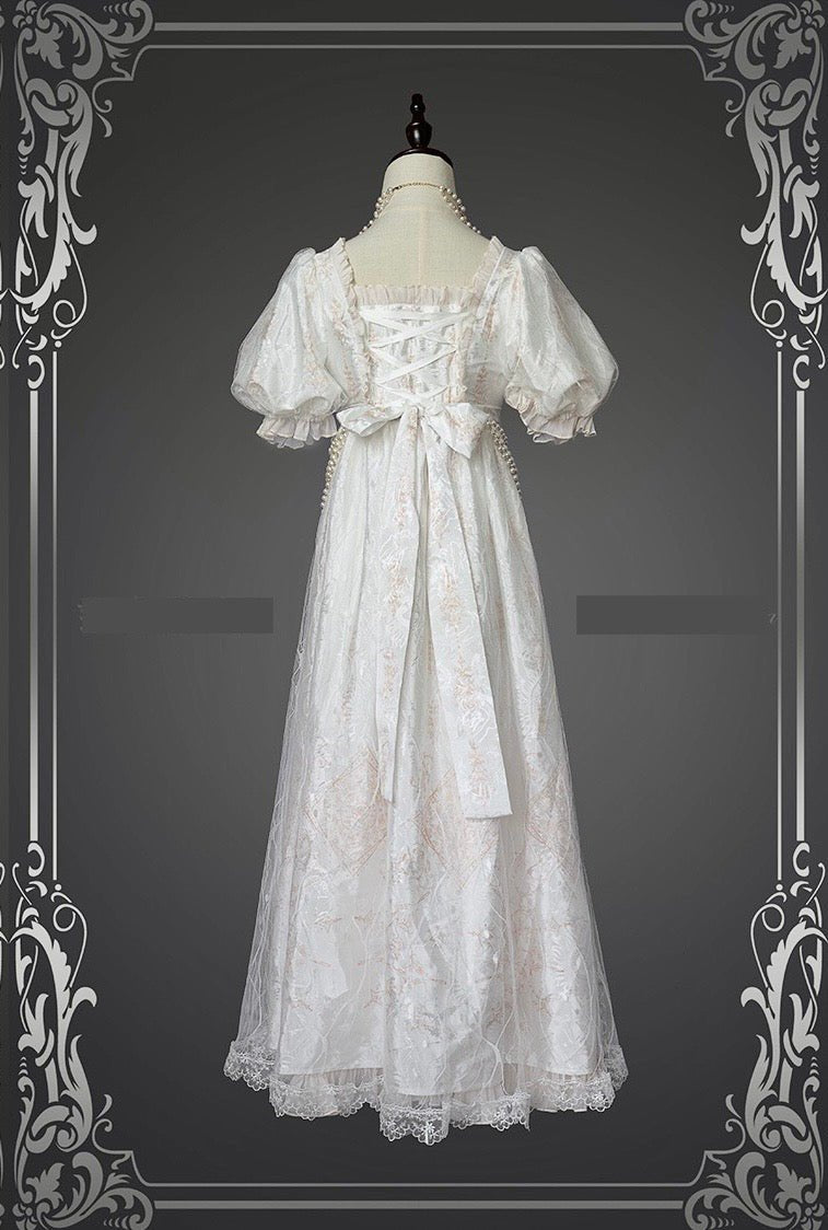 Gothic Bridgerton Empire Waist White Printed Ball Gown With Ruffle- Regency Era Dress Plus Size - WonderlandByLilian