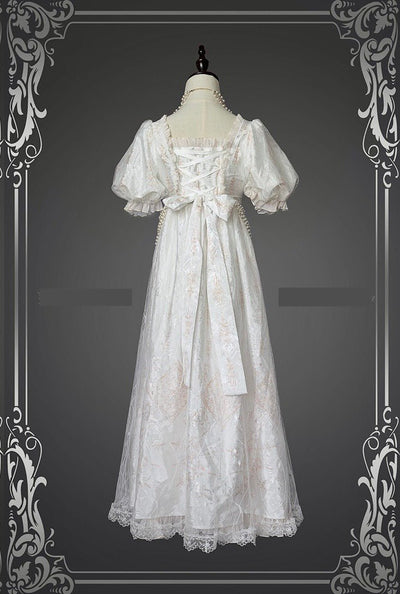 Gothic Bridgerton Empire Waist White Printed Ball Gown With Ruffle- Regency Era Dress Plus Size - WonderlandByLilian