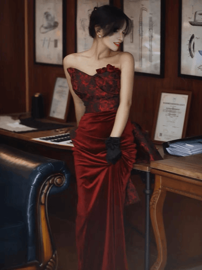 Gothic Burgundy Red Velvet Mermaid Formal Dress -Ball Gown Plus Size - WonderlandByLilian
