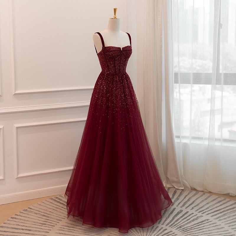 Gothic Burgundy Spaghetti Straps Beaded Formal Dress Prom Dress - Plus Size - WonderlandByLilian