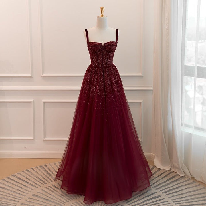 Gothic Burgundy Spaghetti Straps Beaded Formal Dress Prom Dress - Plus Size - WonderlandByLilian