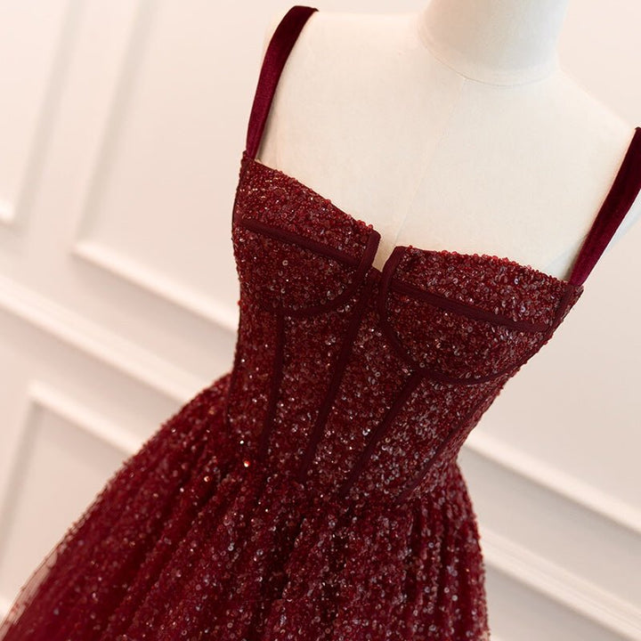 Gothic Burgundy Spaghetti Straps Beaded Formal Dress Prom Dress - Plus Size - WonderlandByLilian