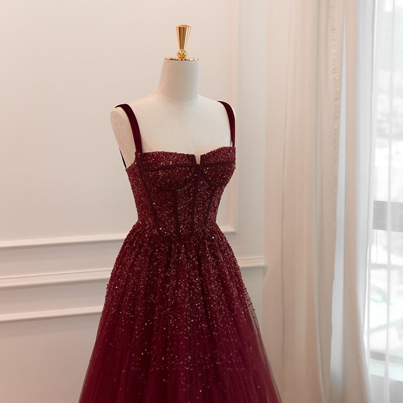 Gothic Burgundy Spaghetti Straps Beaded Formal Dress Prom Dress - Plus Size - WonderlandByLilian