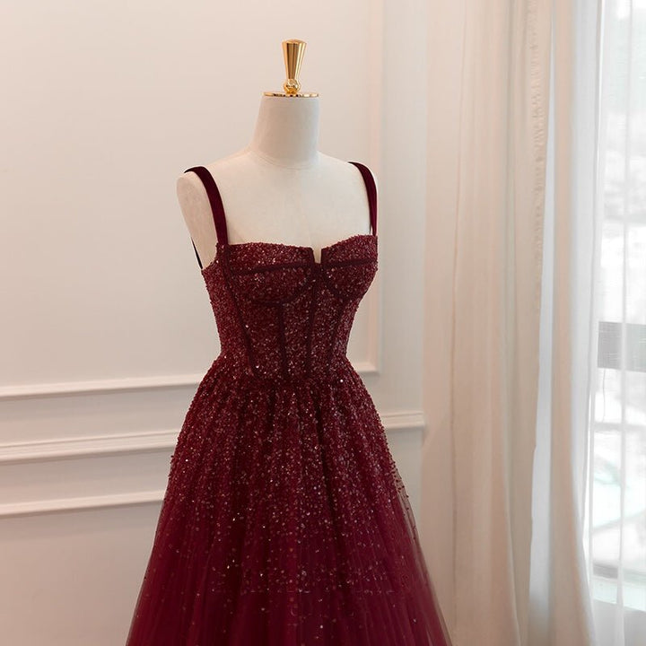 Gothic Burgundy Spaghetti Straps Beaded Formal Dress Prom Dress - Plus Size - WonderlandByLilian