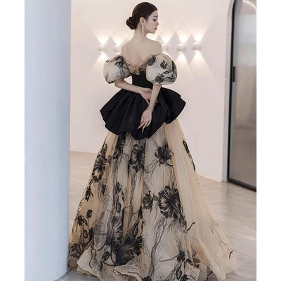 Gothic Corset Evening Gown - Black Off Shoulder Ink And Wash Formal Dress Plus Size - WonderlandByLilian
