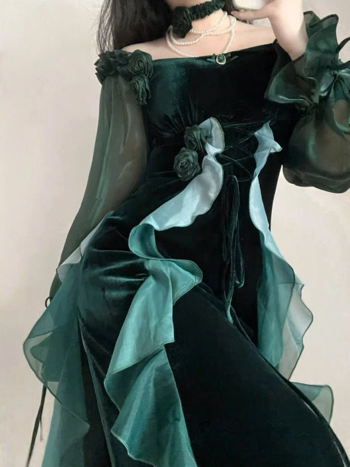 GOTHIC LOLITA DRESS - LONG CLASSIC GREEN VELVET FLORAL LOLITA DRESS - PLUS SIZE - WonderlandByLilian
