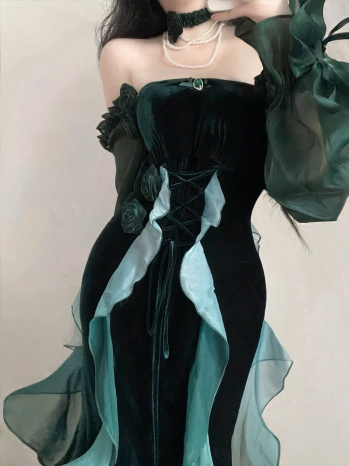 GOTHIC LOLITA DRESS - LONG CLASSIC GREEN VELVET FLORAL LOLITA DRESS - PLUS SIZE - WonderlandByLilian