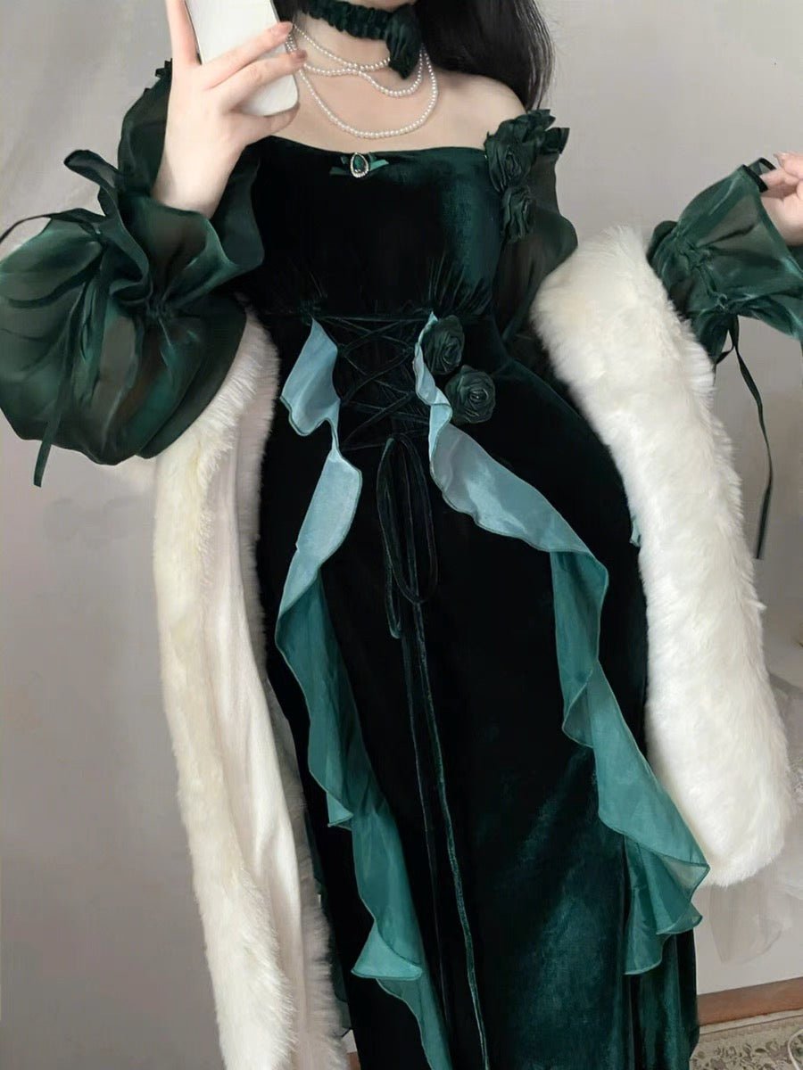 GOTHIC LOLITA DRESS - LONG CLASSIC GREEN VELVET FLORAL LOLITA DRESS - PLUS SIZE - WonderlandByLilian