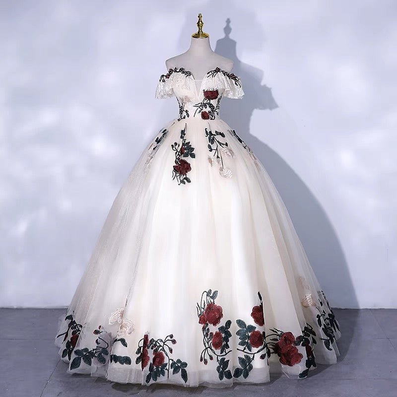 Gothic Off-Shoulder Floral Corset Wedding Dress - Gothic Prom Dress - Plus Size - WonderlandByLilian