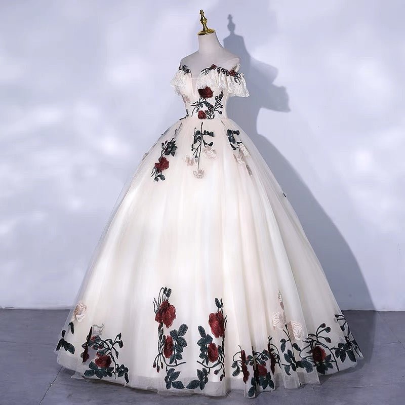 Gothic Off-Shoulder Floral Corset Wedding Dress - Gothic Prom Dress - Plus Size - WonderlandByLilian