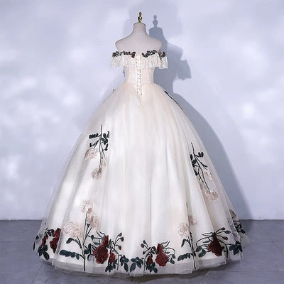 Gothic Off-Shoulder Floral Corset Wedding Dress - Gothic Prom Dress - Plus Size - WonderlandByLilian