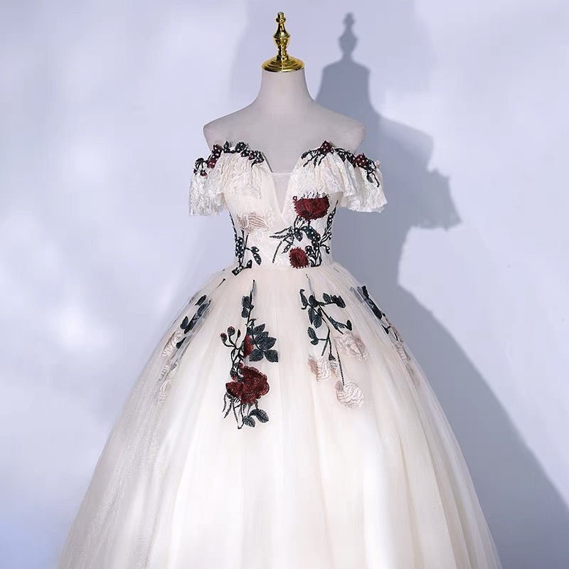 Gothic Off-Shoulder Floral Corset Wedding Dress - Gothic Prom Dress - Plus Size - WonderlandByLilian