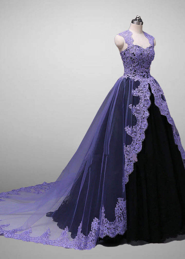 Gothic Purple And Black Wedding Dress With Lace Embroidery A-line Black Ball Gown Plus Size - WonderlandByLilian