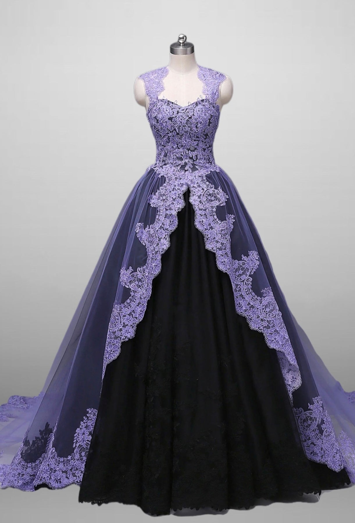 Black and Purple Gothic Wedding Dress With Lace Embroidery