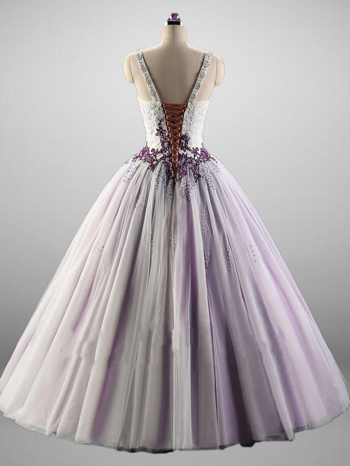 Gothic Purple Lace Embroidered Ball Gown Style Spaghetti Straps A-Line Formal Dress Plus Size - WonderlandByLilian
