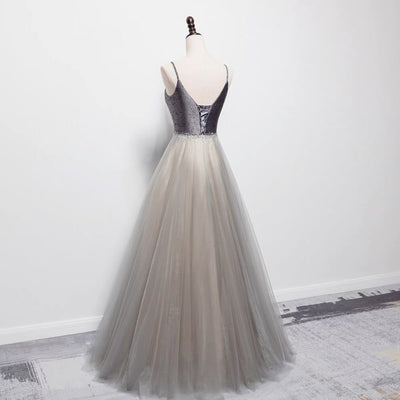 Grey Embellished Satin Formal Dress With Gauze - Spaghetti Straps Prom Dress - WonderlandByLilian