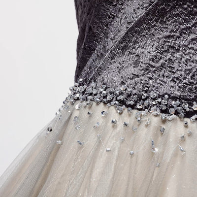 Grey Embellished Satin Formal Dress With Gauze - Spaghetti Straps Prom Dress - WonderlandByLilian