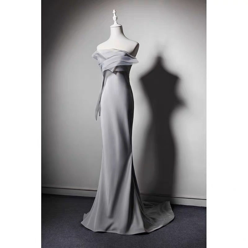Grey Off Shoulder Gauze Prom Dress - Formal Dress Plus Size - WonderlandByLilian