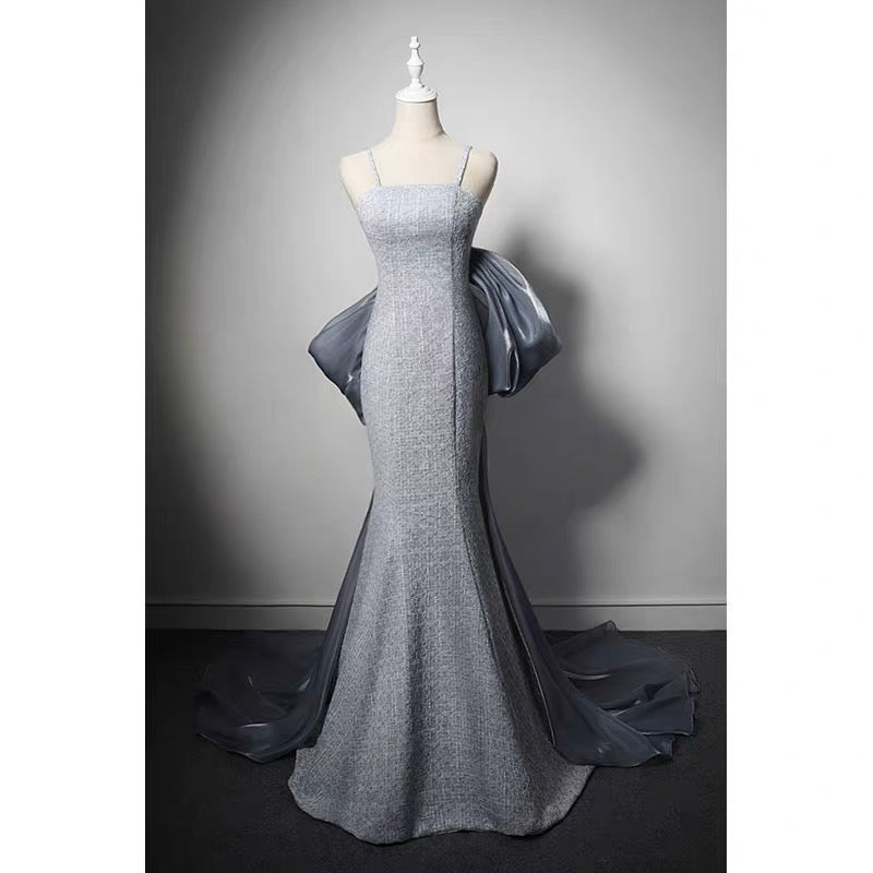 Grey Tweed Slip Formal Dress With Bow Tie - Plus Size - WonderlandByLilian