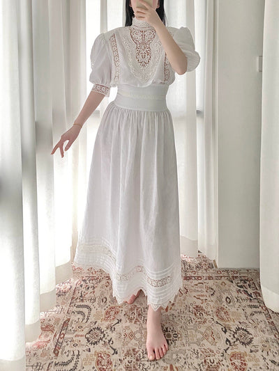 Gunne Sax Inspired French Cut-out White Floral Lace Dress Plus Size - Vintage-Inspired Elegance - WonderlandByLilian