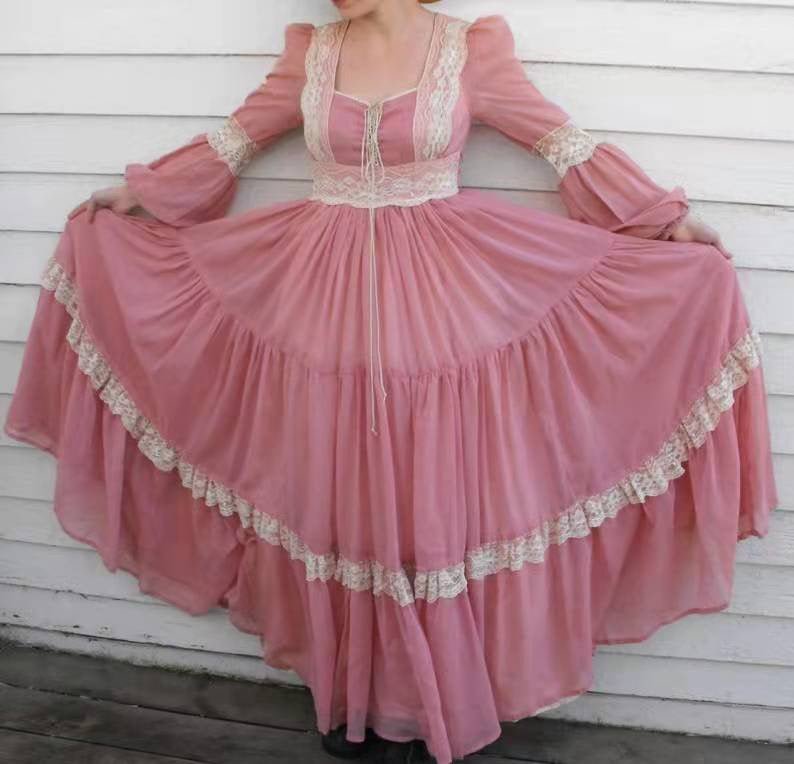 Gunne Sax Inspired Pink Lace Prom Dress Plus Size - Long Sleeve Day Dress Plus Size - WonderlandByLilian