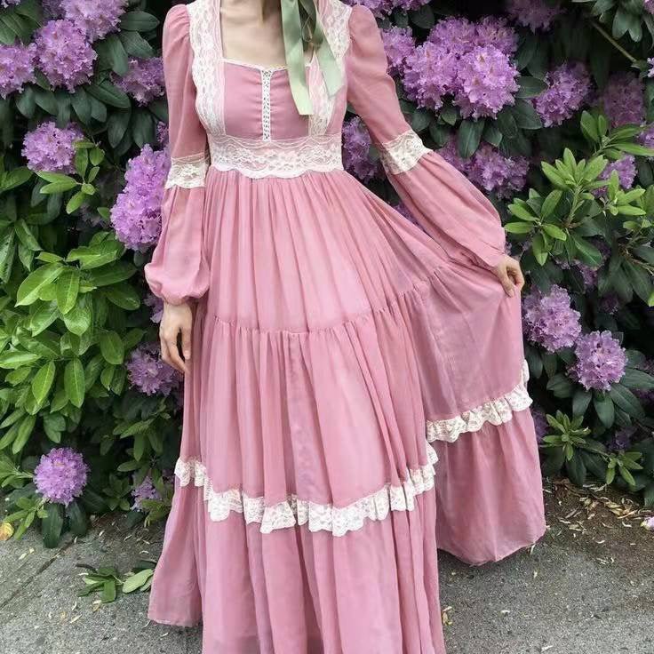 Gunne Sax Inspired Pink Lace Prom Dress Plus Size - Long Sleeve Day Dress Plus Size - WonderlandByLilian