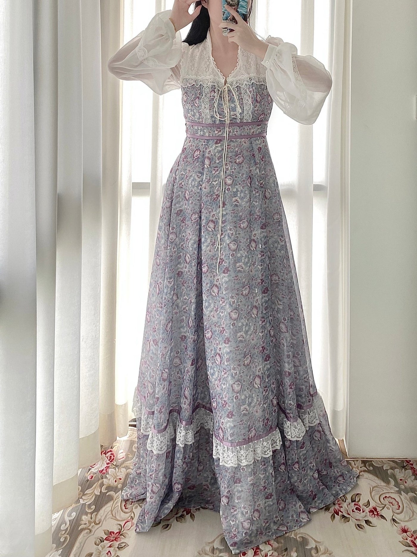Gunne Sax Inspired Purple Floral Dress Plus Size - Long Sleeve Patchwork Elegance - WonderlandByLilian