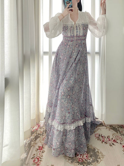 Gunne Sax Inspired Purple Floral Dress Plus Size - Long Sleeve Patchwork Elegance - WonderlandByLilian