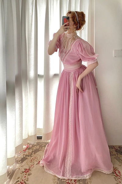 Gunne Sax Inspired Rose Pink Lace Prom Dress Plus Size - Short Sleeve Day Dress Plus Size - WonderlandByLilian