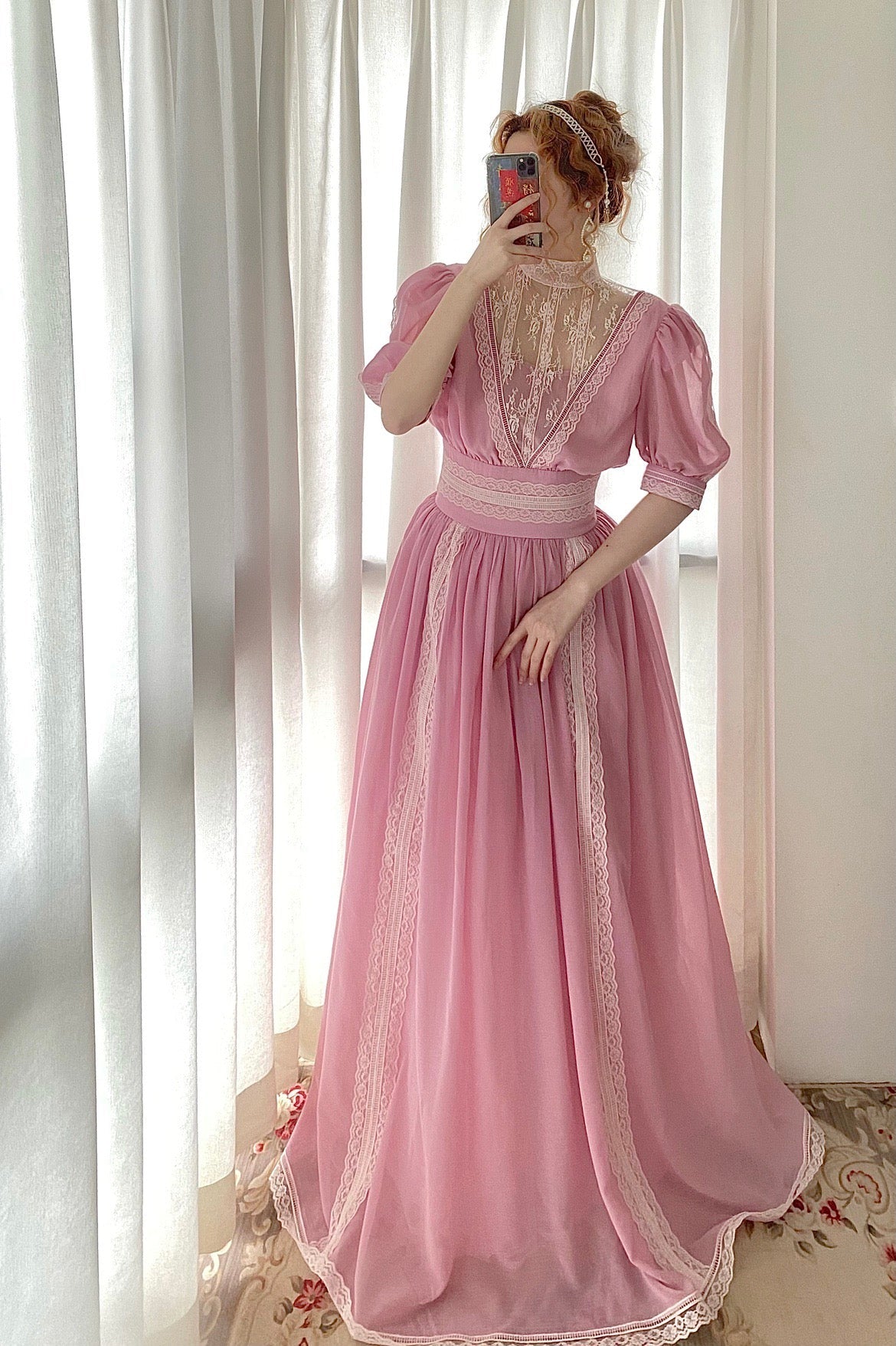 Gunne Sax Inspired Rose Pink Lace Prom Dress Plus Size - Short Sleeve Day Dress Plus Size - WonderlandByLilian