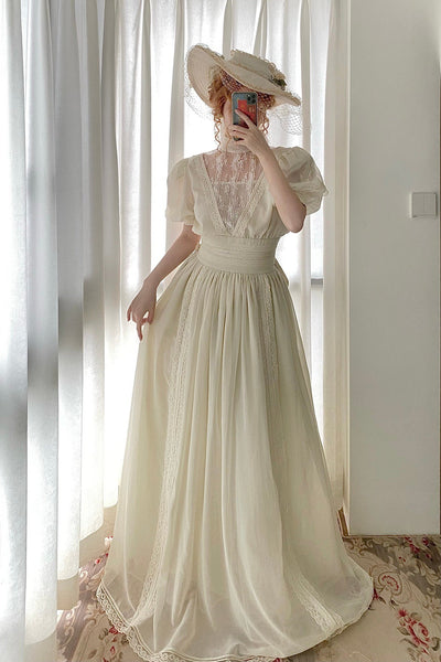 Gunne Sax Inspired White Lace Prom Dress Plus Size - Short Sleeve Day Dress Plus Size - WonderlandByLilian