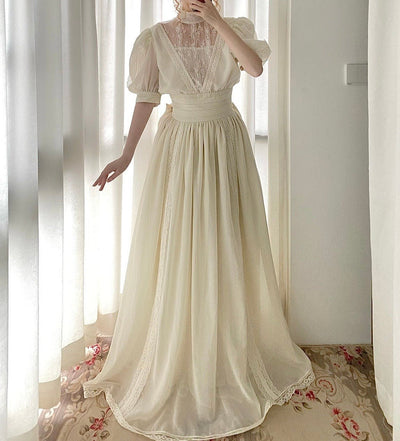 Gunne Sax Inspired White Lace Prom Dress Plus Size - Short Sleeve Day Dress Plus Size - WonderlandByLilian