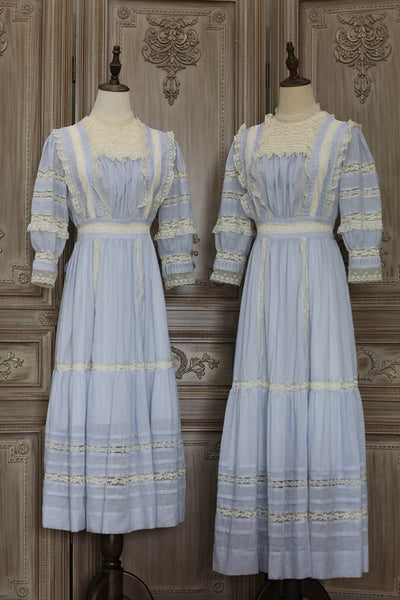 Gunne Sax Style Blue Lace Cotton Dress - 1980s Tea Dress - WonderlandByLilian