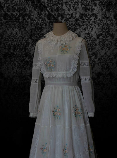 Gunne Sax Style Embroidery White Cotton Dress WIth Long Sleeve - 1980s Tea Dress - WonderlandByLilian