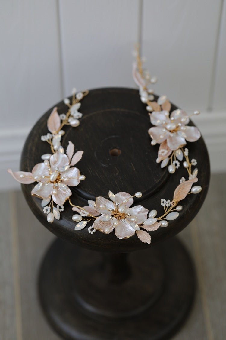 Handcrafted Floral Headpiece with Natural Pearl and Moonstone, Elegant Bridal Accessory for Formal Occasions and Weddings - WonderlandByLilian