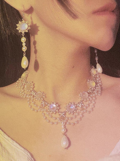 Handmade Prom Pearl Earrings With Moonstone - Regency Era Style Earring Clips - WonderlandByLilian