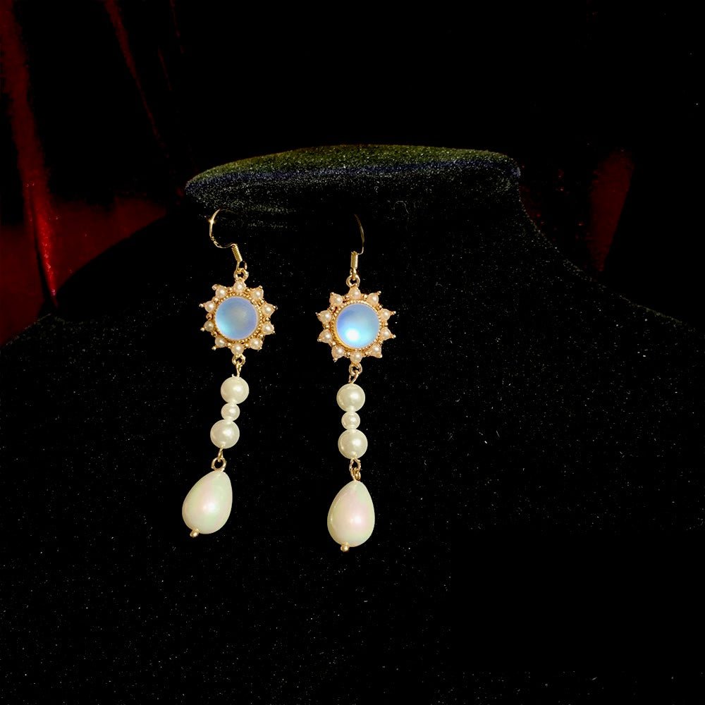 Handmade Prom Pearl Earrings With Moonstone - Regency Era Style Earring Clips - WonderlandByLilian